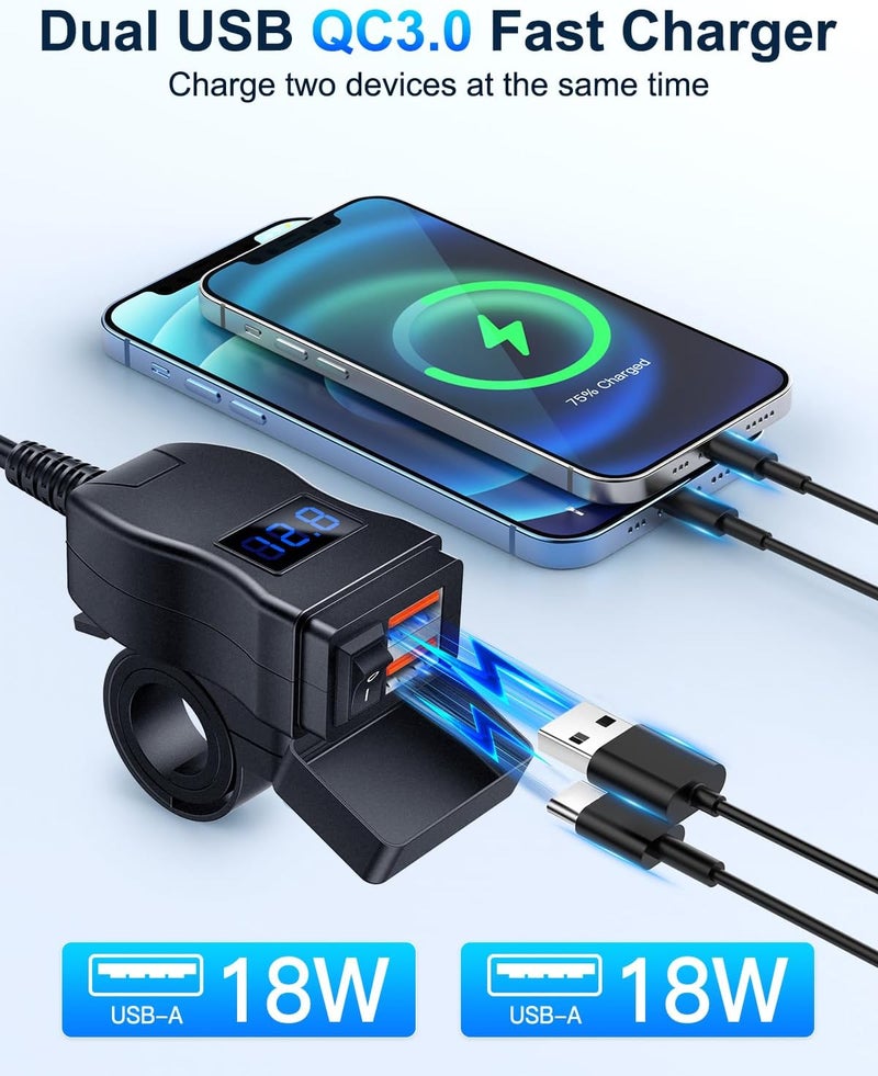 EXTRACTME Motorcycle USB Charger, Total 36W Dual USB QC3.0 Motorcycle Phone Charger with Voltage Monitor & ON/Off Switch, ATV/Motorcycle Accessories for All Phone, Tablet, GPS(Blue) - Image 2